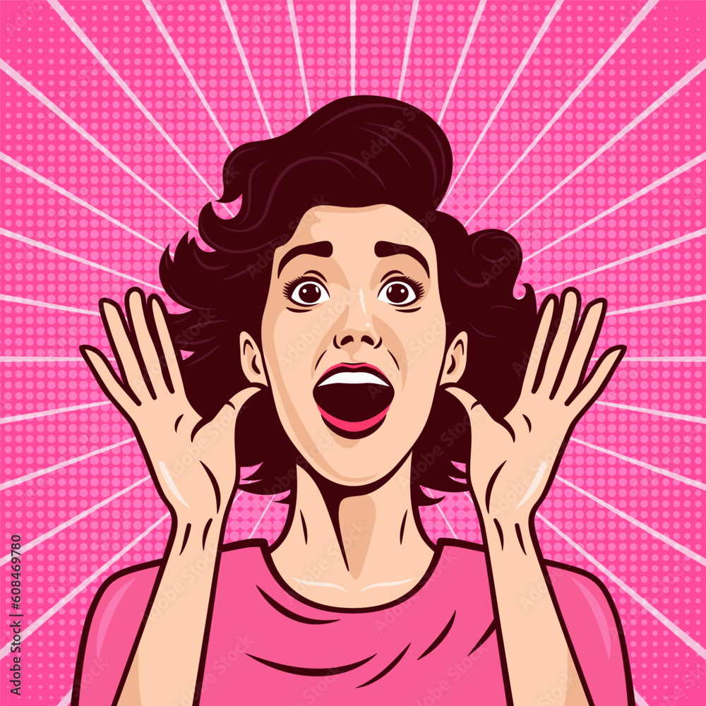 Vector Banner with Woman, Wow Face, Holding Hands, Arms, Palms Near Her Cheeks in Pop Art Comic Style. Pink Color. Advertising Poster for Sale, Discount Placard, Flyer Card. Beautiful Surprised Woman