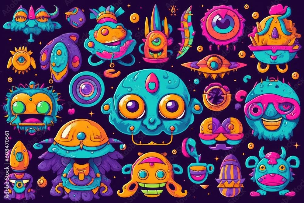 Trippy Alien Art, stickers illustration. Generative AI Trippy Alien Art, stickers illustration. Generative AI