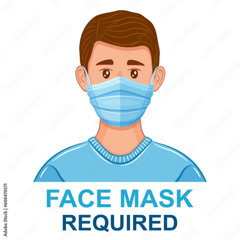Medical surgical face mask wear required, hospital warning sign. Human respiratory breathing medicine protection from virus. Sick man, doctor cover mouth, nose. Prevention spread flu infection. Vector