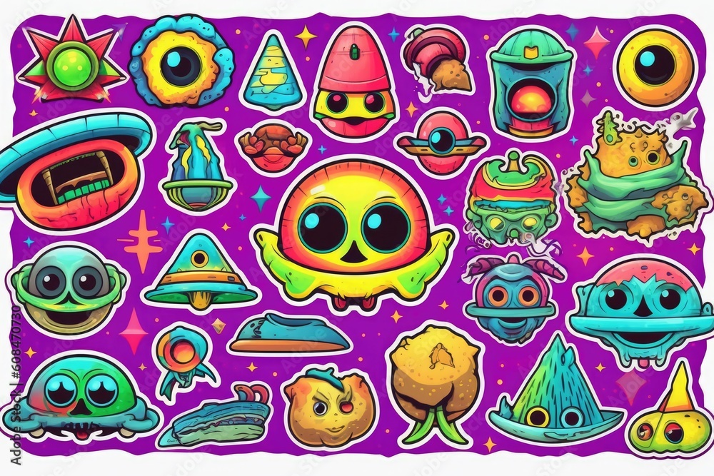 Trippy Alien Art, stickers illustration. Generative AI Trippy Alien Art, stickers illustration. Generative AI