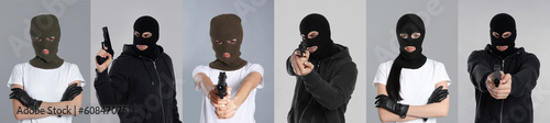 Vászonkép Collage with photos of people in balaclavas on grey background