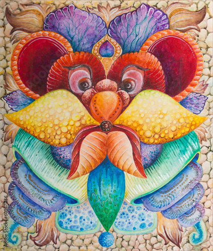 Symmetrical abstraction composition. Watercolor drawing. Mask of a fantastic image. Portrait of an alien creature.