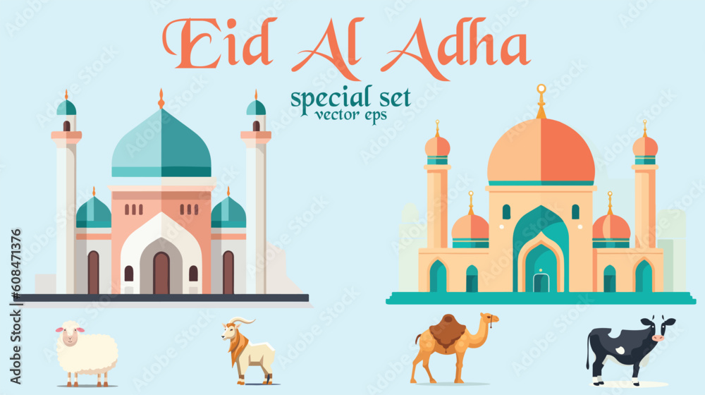 mosque with goat, sheep, camel and cow isolated on soft blue background to celebrate eid al adha islamic day. bold text eid al adha special set. vector eps