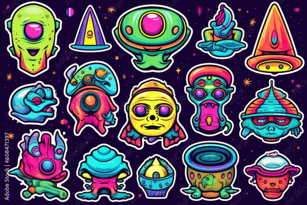 Trippy Alien Art, stickers illustration. Generative AI