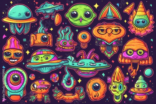 Trippy Alien Art, stickers illustration. Generative AI