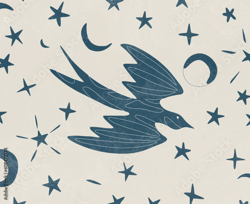 Art background with a bird in the starry sky in beige and blue colors. Hand drawn vector banner for decor, wallpaper, print, textile, poster, fabric, interior design. © VectorART
