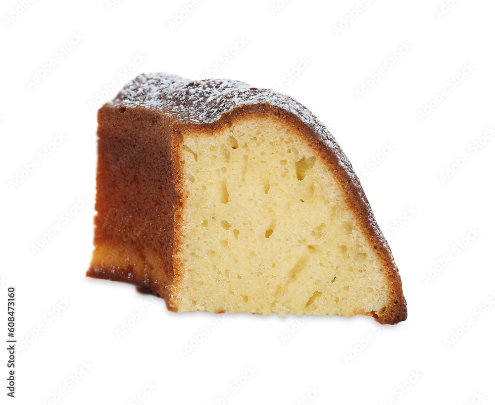 Piece of homemade yogurt cake with powdered sugar on white background Piece of homemade yogurt cake with powdered sugar on white background