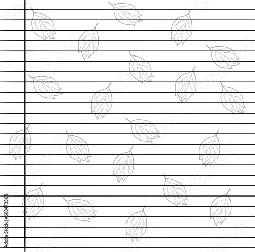 Notebook sheet in a line with an additional drawing for children in the form of leaves.