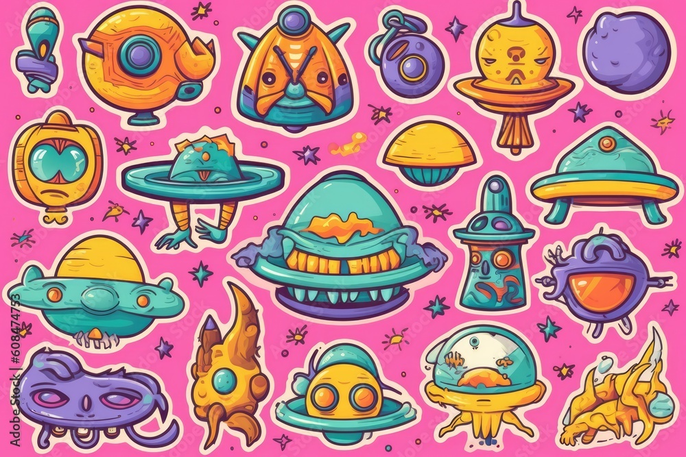 Trippy Alien Art, stickers illustration. Generative AI Trippy Alien Art, stickers illustration. Generative AI