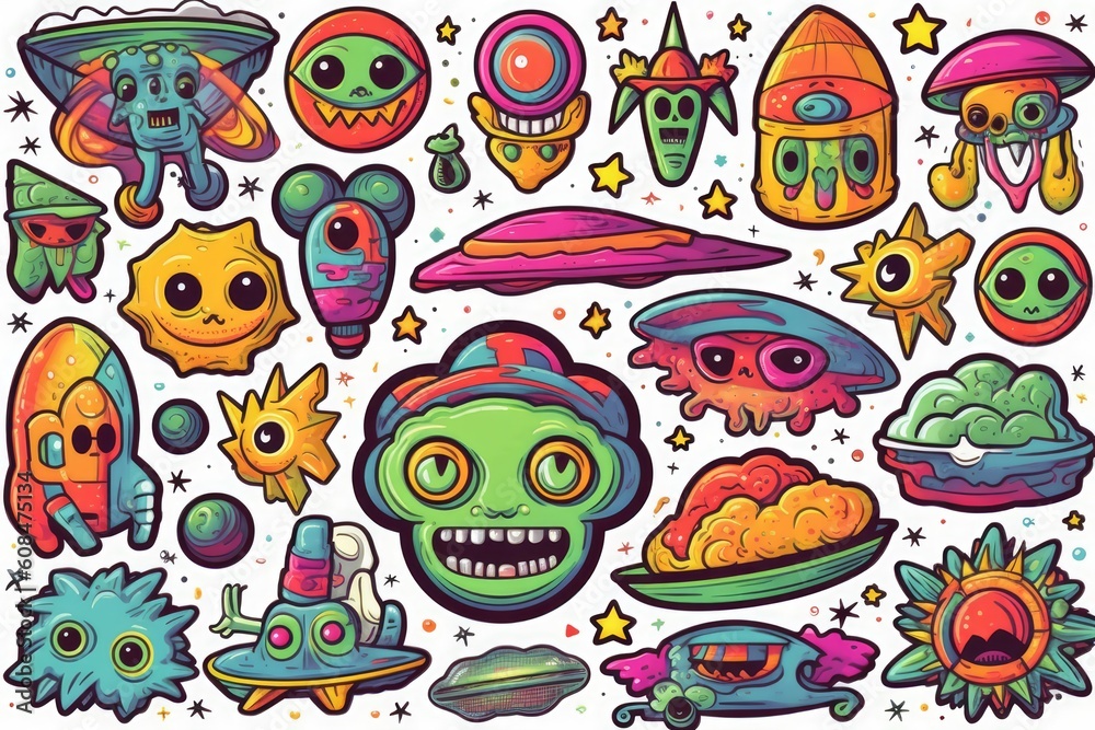 Trippy Alien Art, stickers illustration. Generative AI Trippy Alien Art, stickers illustration. Generative AI