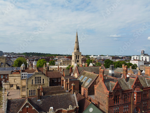 Gorgeous Aerial View of Central Bedford City of England Great Britain of UK. The Downtown's photo Was Captured with Drone's Camera from Medium Altitude from River Great Ouse on 28-May-2023.  photo