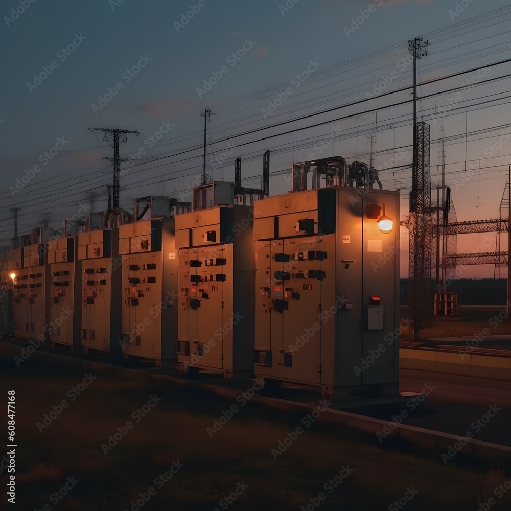 High voltage circuit breaker in a power substation.Electric power