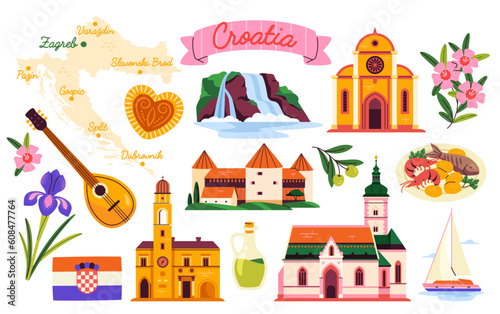Croatian culture elements. Traditional cuisine, exotic nature, architecture and sights of country. Map with tourist places and attractions. Cartoon flat vector collection isolated on white background