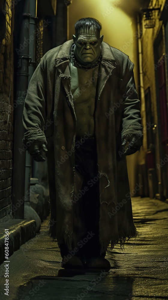 frankenstein monster walking down a narrow street at night. vintage. classic monster. horror story. AI generated image.. frankenstein monster walking down a narrow street at night. vintage. classic monster. horror story. AI generated image..