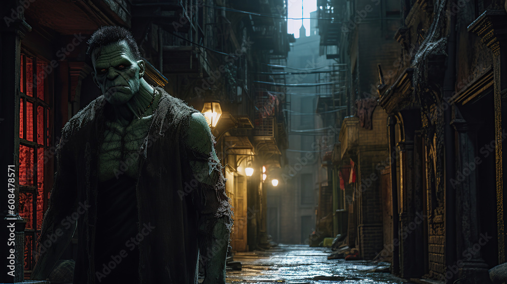 frankenstein monster walking down a narrow street at night. vintage. classic monster. horror story. AI generated image.. frankenstein monster walking down a narrow street at night. vintage. classic monster. horror story. AI generated image..