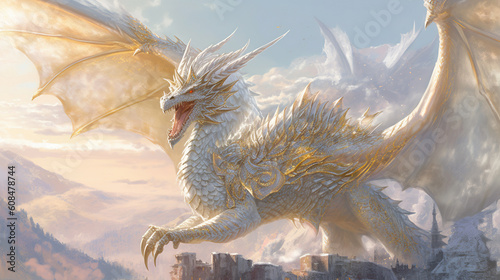 White gold dragon flying through eternity © Absent Satu