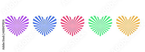Set of radial hearts or hearts formed by radial rays – Collection of decorative hearts of various colors