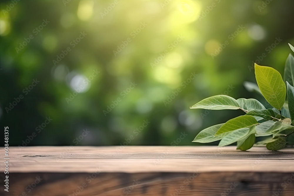Wooden board empty table with blurred green leaf background Wooden board empty table with blurred green leaf background