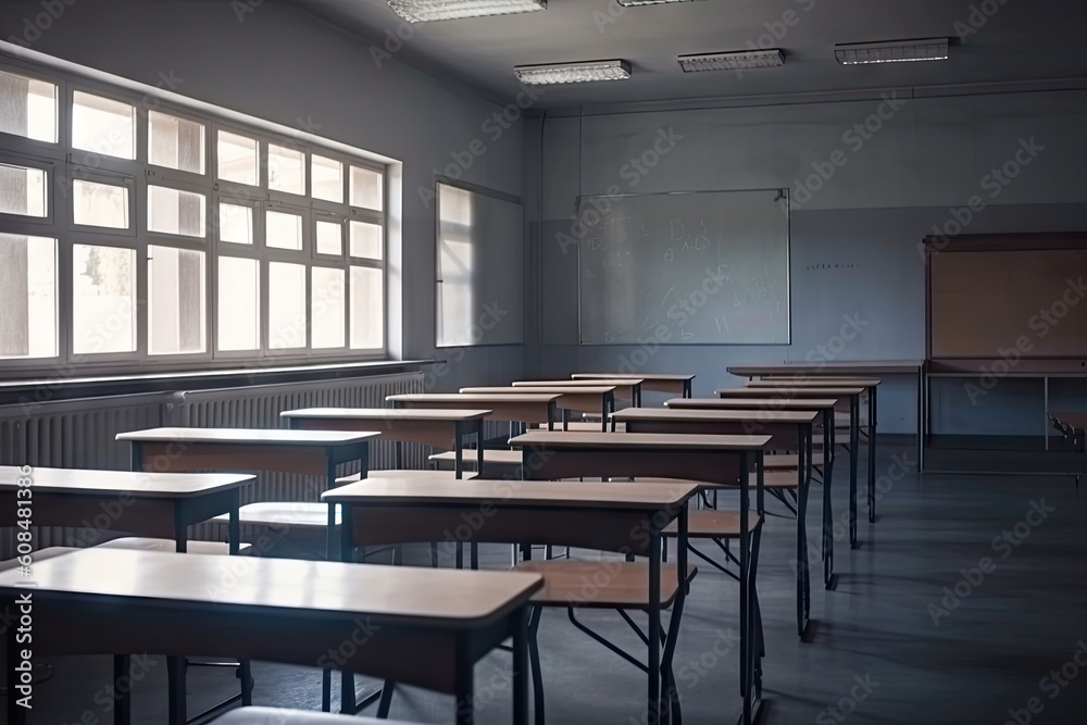 Empty classroom, Blurred school classroom without students with empty chairs and tables Empty classroom, Blurred school classroom without students with empty chairs and tables