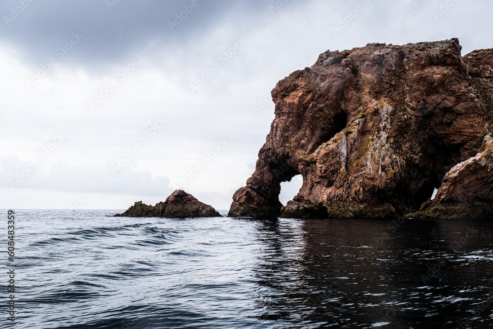 Elefant shaped cliff rocks in the Berlenga Islands in Portugal. Rocky landscape in the Atlantic Ocean of the Iberian Peninsula.