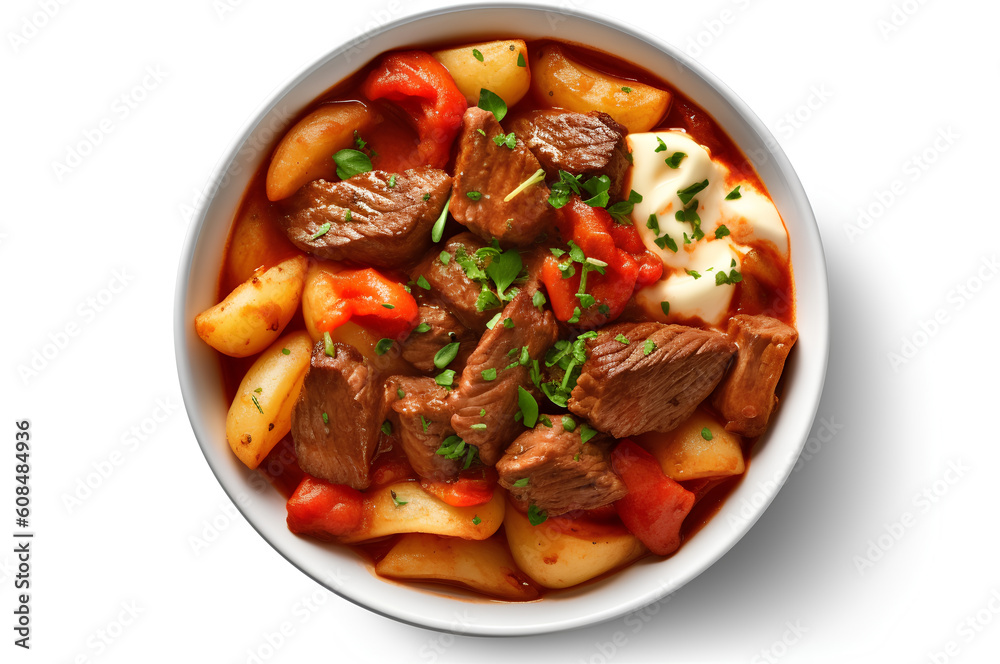Goulash traditional beef meat soup with vegetables and tomato sauce, Generative AI Goulash traditional beef meat soup with vegetables and tomato sauce, Generative AI