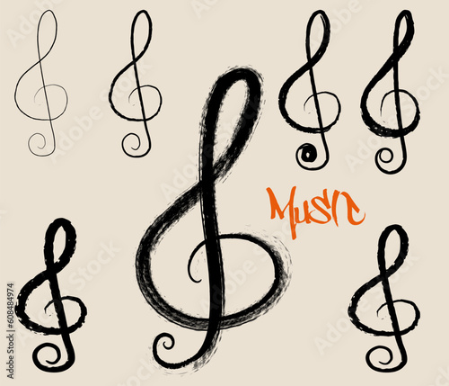 Grungy Musical Note vector icon. Vector grunge illustration of hand drawn black treble clef isolated on the white background.