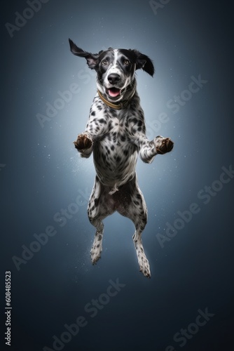 Illustration of a playful black and white dog caught mid-air while jumping created with Generative AI technology