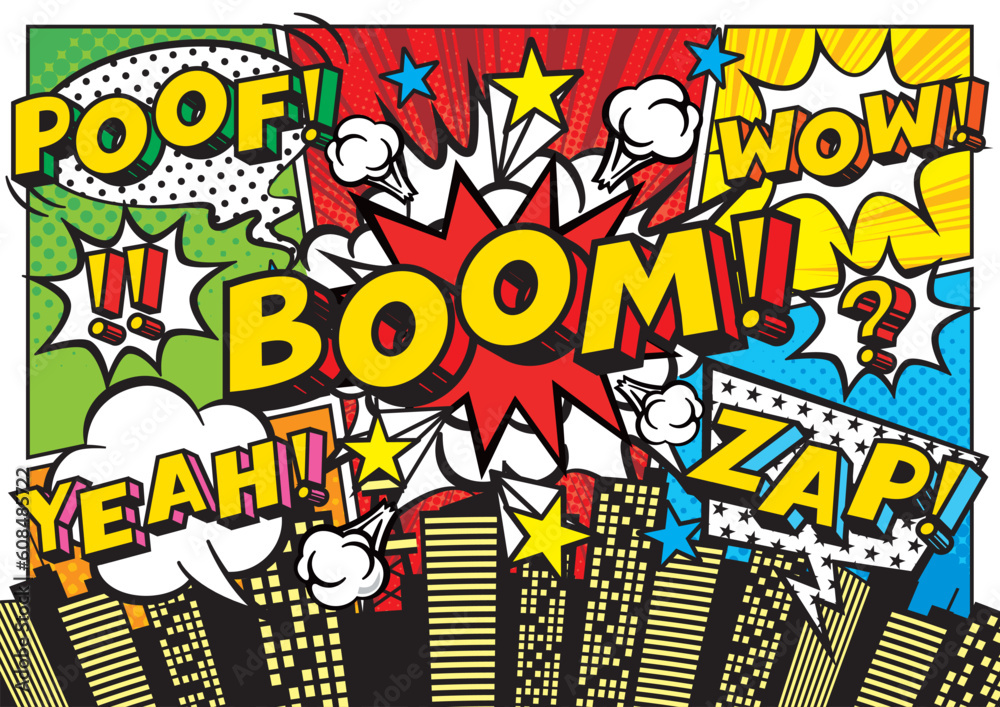 コミックアート風のカラフルな都市の背景素材