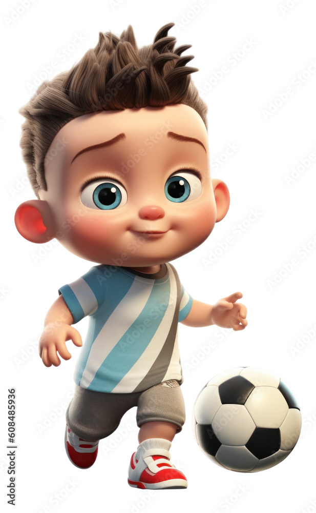 Cute baby 3d character dressed as a soccer player running. Generative AI.