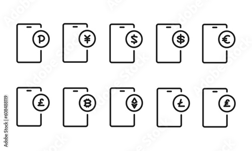 電子マネーを表すスマートフォンと通貨記号のイラストセット/お金/資産/デジタル/仮想通貨/ベクター/アイコン/要素/モノクロ
