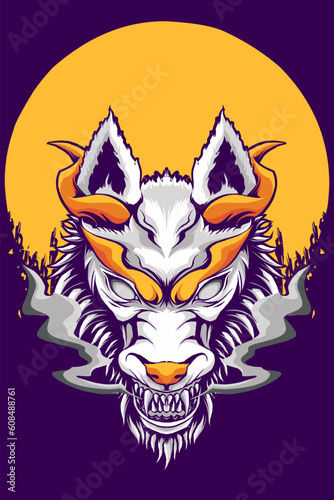 Vector illustration of a white wolf's head with moon baground