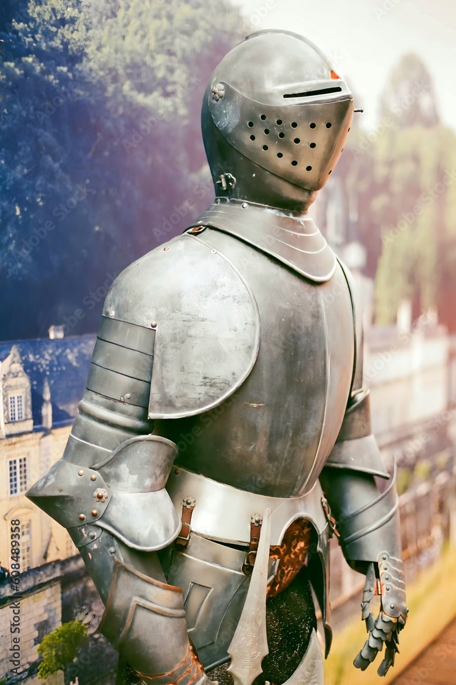 Fototapeta premium Close up view of rusty medieval European style knight full body chain mail battle armor. No people.