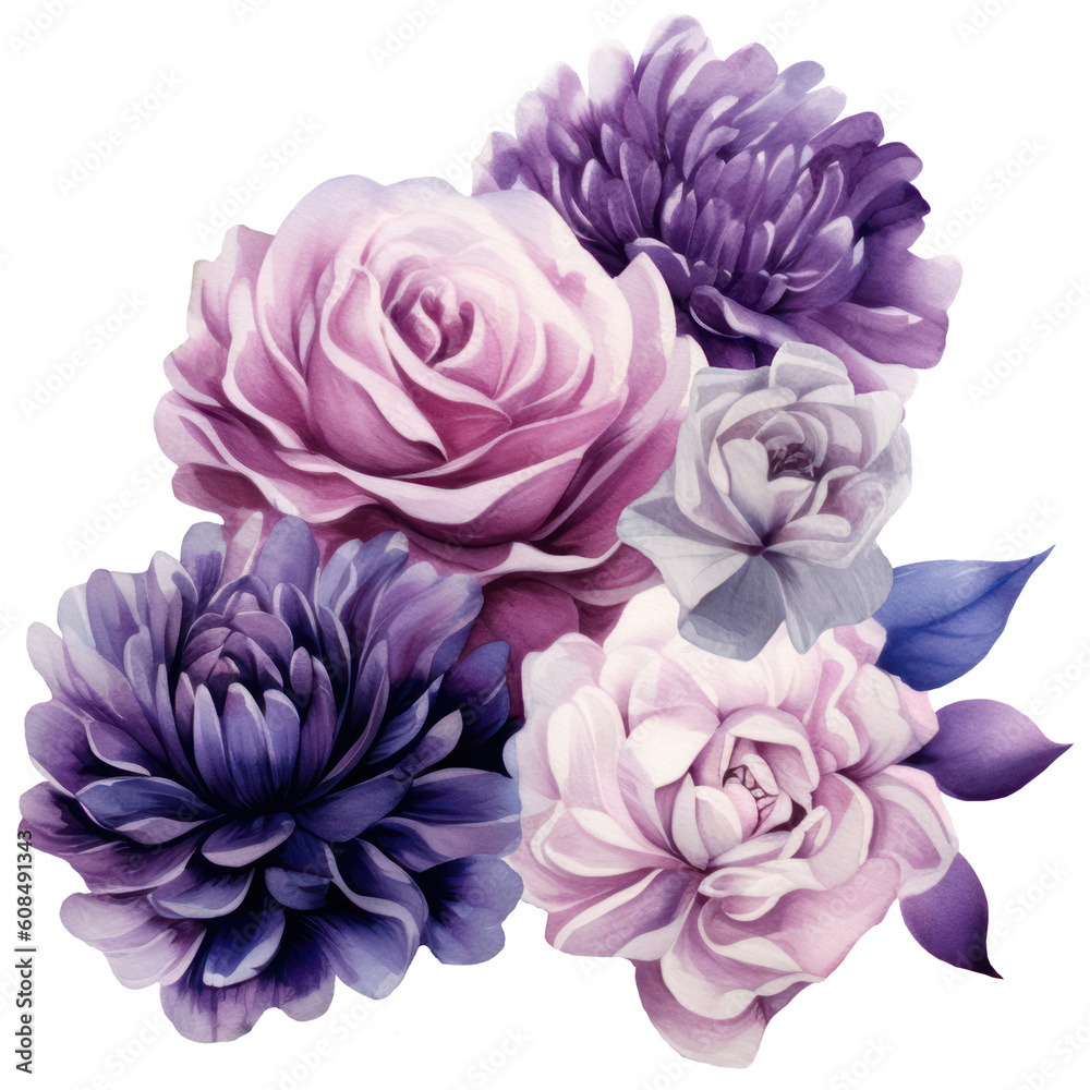 Illustration Bouquet of purple flowers, watercolor purple floral, rose, peony, dahlia, Isolated on transparent background. Generative AI