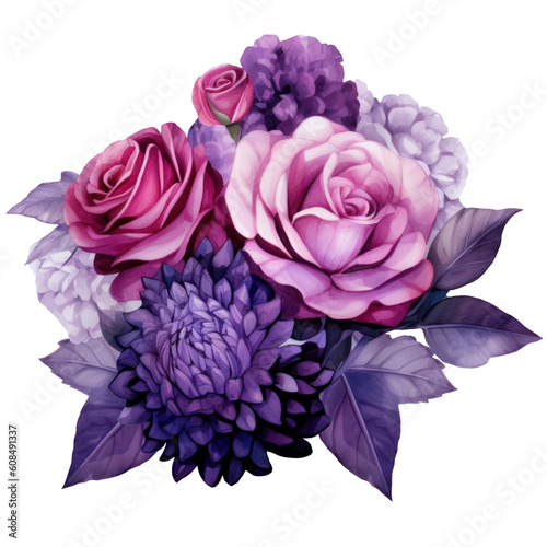 Illustration Bouquet of purple flowers, watercolor purple floral, rose, peony, dahlia, Isolated on transparent background. Generative AI