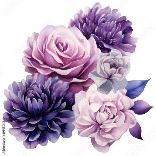 Illustration Bouquet of purple flowers  watercolor purple floral  rose  peony  dahlia  Isolated on transparent background. Generative AI