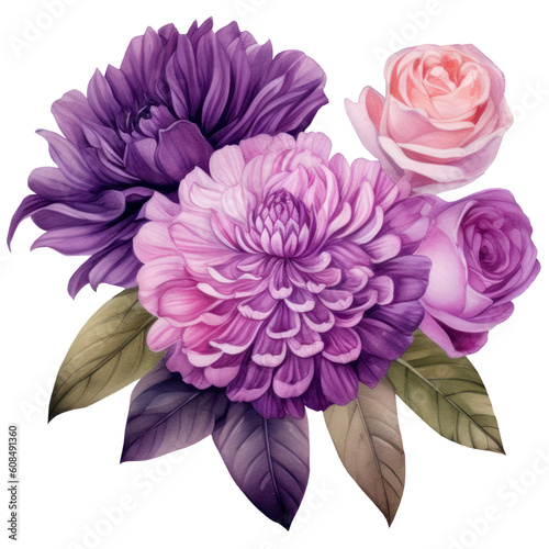 Illustration Bouquet of purple flowers  watercolor purple floral  rose  peony  dahlia  Isolated on transparent background. Generative AI