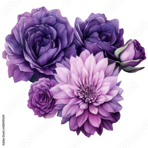 Illustration Bouquet of purple flowers, watercolor purple floral, rose, peony, dahlia, Isolated on transparent background. Generative AI