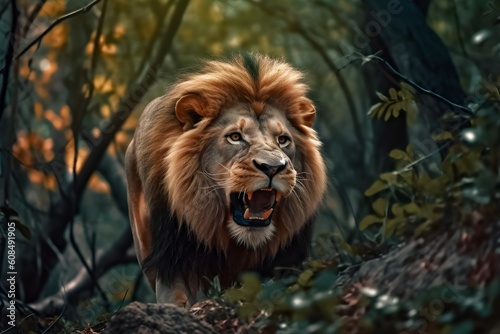 A lion hunting in the wild forest made with Generative AI