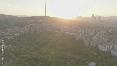 Turkish Flag Drone Video in the Fog, Camlica Hill and Camlica Tower, Üsküdar, Istanbul Turkey