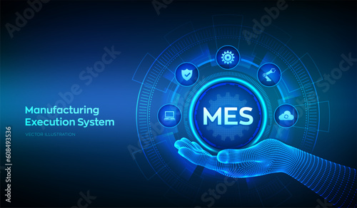 MES icon in wireframe hand. Manufacturing execution system. Business industrial technology concept on virtual screen. Automation Software. Innovation, improving productivity. Vector illustration.