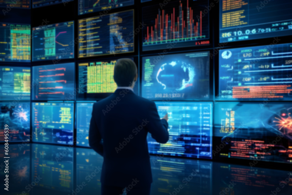 Businessman or Leader thinking and making decision while looking at financial information on visual display, specialist using technology to analyze data, Generative AI Businessman or Leader thinking and making decision while looking at financial information on visual display, specialist using technology to analyze data, Generative AI