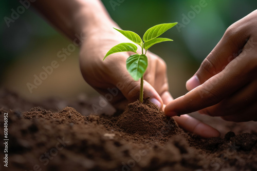 Hand-holding young plant seeds in fertile soil for planting, world earth day concept. Ai generative