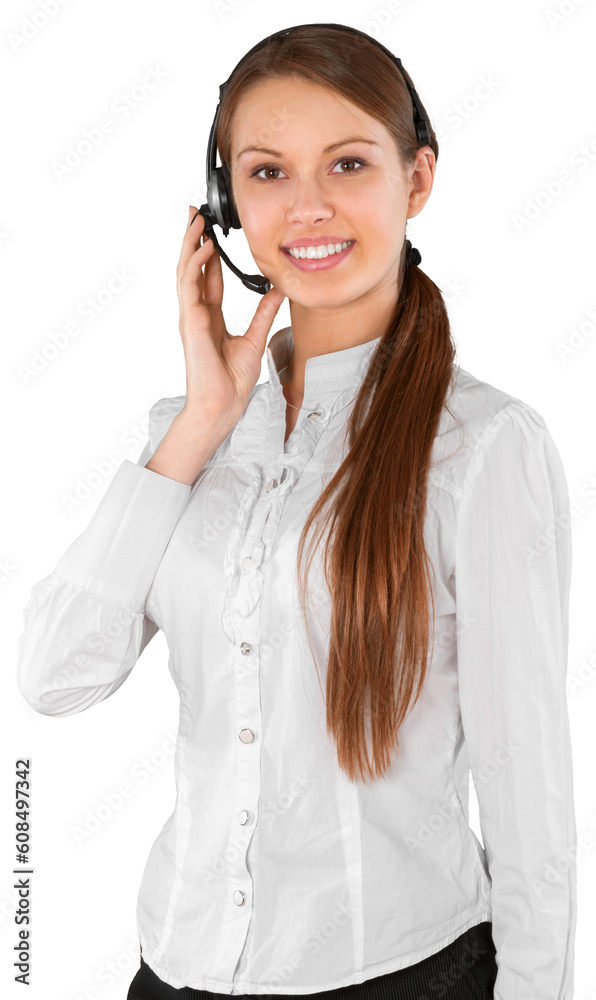 Pretty young woman using headphones isolated on white background Pretty young woman using headphones isolated on white background