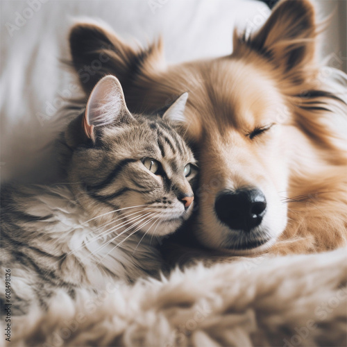 Amizade verdadeira entre cão e gato criado por IA photo