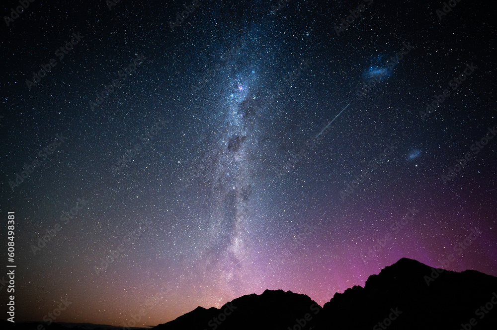 Night sky with stars and aurora in Nelson Lakes National Park, New Zealand