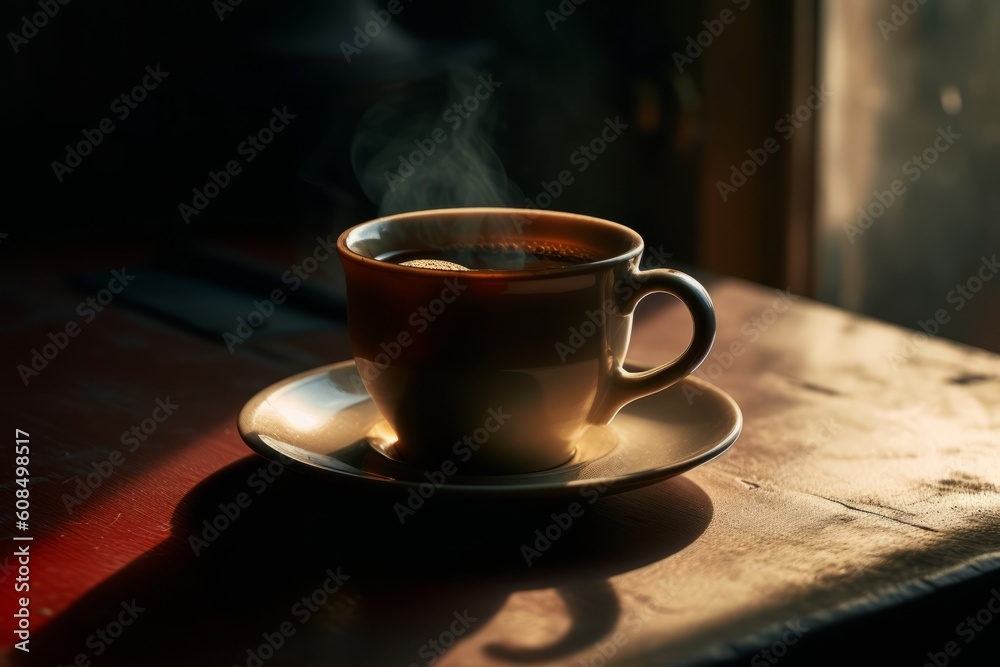 A hot black coffee in a cup on wooden table in the morning provide.