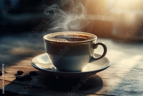 A hot black coffee in a cup on wooden table in the morning provide.