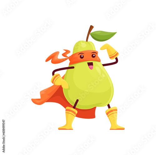 Cartoon pear fruit superhero character. Funny vector super hero garden plant personage in cape and mask showing muscles demonstrating strength and power. Isolated strong healthy smiling vigilante