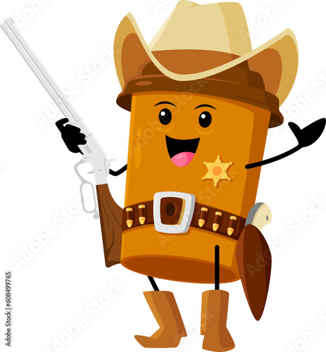 Cartoon fast food coffee cup cowboy character. Takeaway hot drink western sheriff cheerful personage, fast food cafe coffee cup Wild West ranger isolated vector childish mascot with rifle and pistol