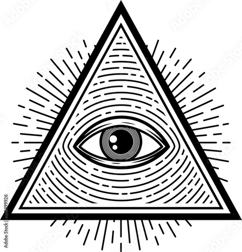 Sacred magical eye, occult providence symbol in pyramid. Vector magical esoteric religion sign in triangle, tattoo design with mason illuminati